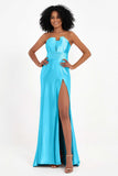 Straight Across Stretch Satin Sheath Formal Evening Dresses with Slit Long Prom Party Dress