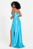 Straight Across Stretch Satin Sheath Formal Evening Dresses with Slit Long Prom Party Dress