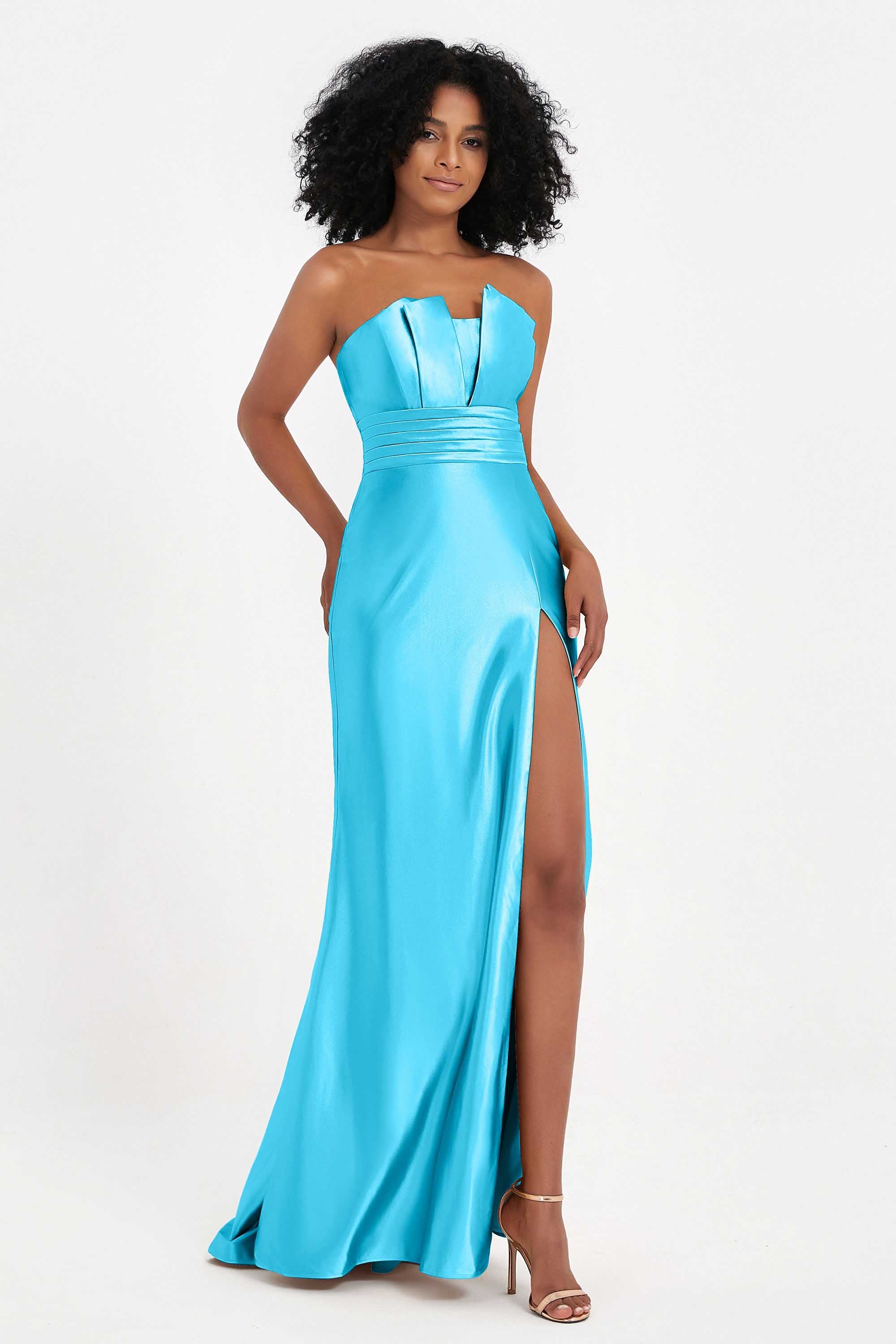 Straight Across Stretch Satin Sheath Formal Evening Dresses with Slit Long Prom Party Dress