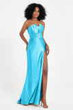 Straight Across Stretch Satin Sheath Formal Evening Dresses with Slit Long Prom Party Dress