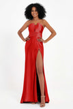 Straight Across Stretch Satin Sheath Formal Evening Dresses with Slit Long Prom Party Dress