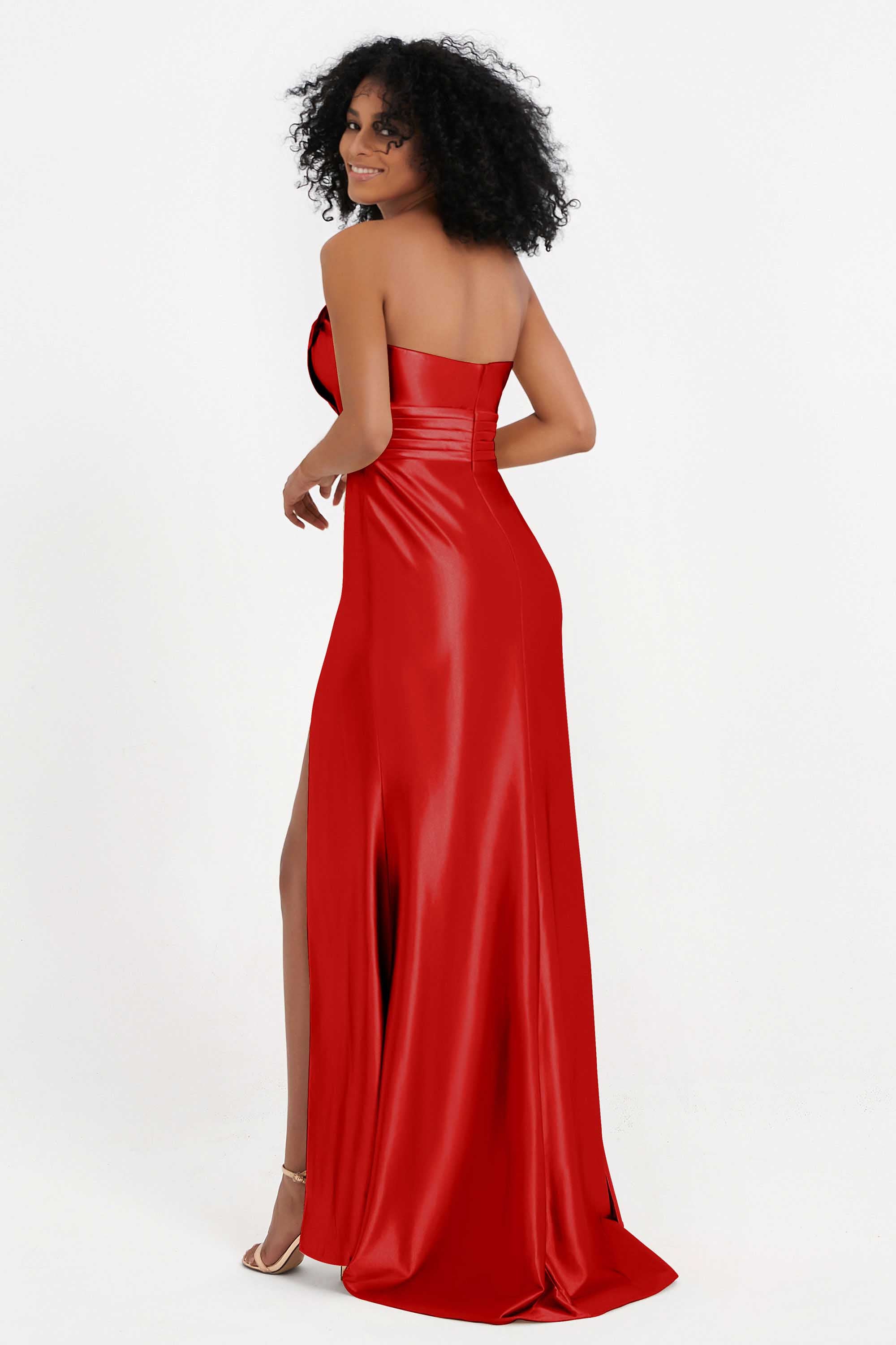 Straight Across Stretch Satin Sheath Formal Evening Dresses with Slit Long Prom Party Dress