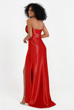 Straight Across Stretch Satin Sheath Formal Evening Dresses with Slit Long Prom Party Dress