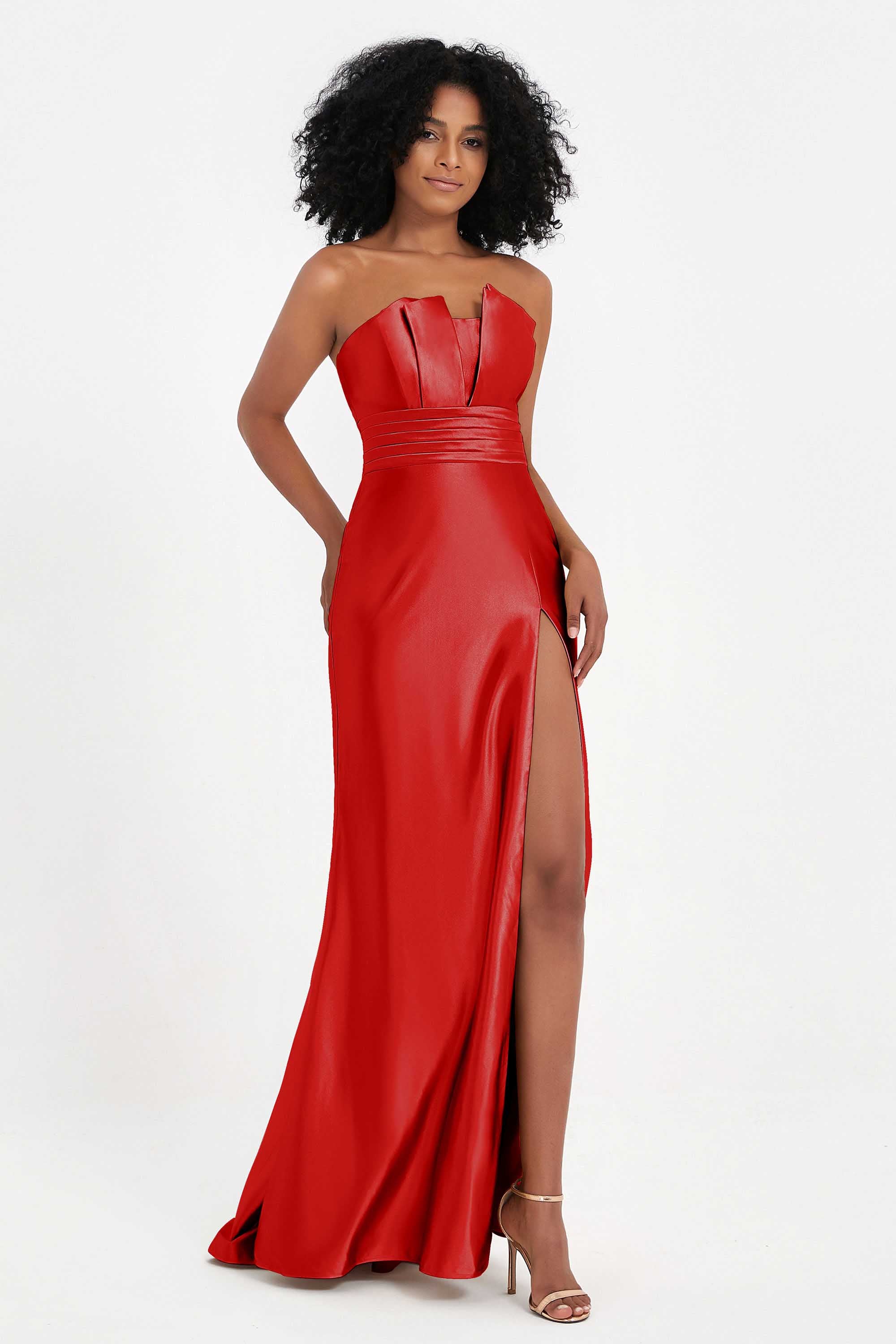 Straight Across Stretch Satin Sheath Formal Evening Dresses with Slit Long Prom Party Dress