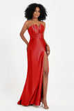 Straight Across Stretch Satin Sheath Formal Evening Dresses with Slit Long Prom Party Dress