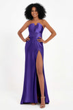 Straight Across Stretch Satin Sheath Formal Evening Dresses with Slit Long Prom Party Dress