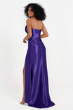 Straight Across Stretch Satin Sheath Formal Evening Dresses with Slit Long Prom Party Dress