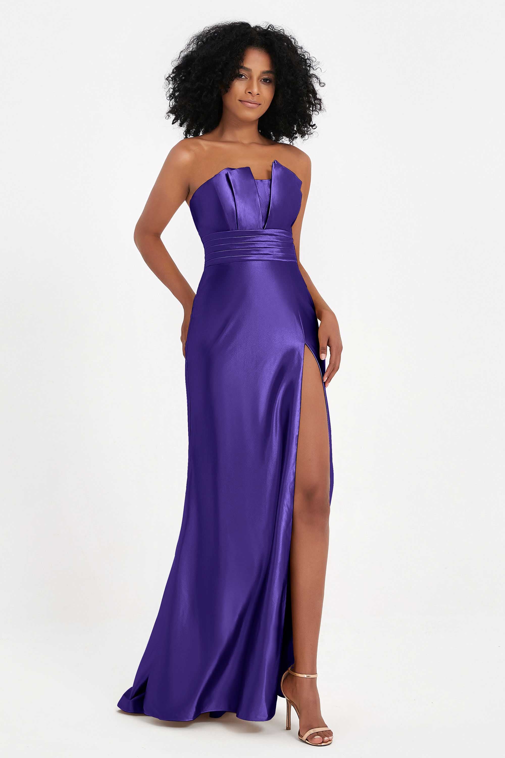 Straight Across Stretch Satin Sheath Formal Evening Dresses with Slit Long Prom Party Dress
