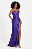 Straight Across Stretch Satin Sheath Formal Evening Dresses with Slit Long Prom Party Dress