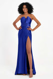 Straight Across Stretch Satin Sheath Formal Evening Dresses with Slit Long Prom Party Dress