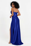 Straight Across Stretch Satin Sheath Formal Evening Dresses with Slit Long Prom Party Dress