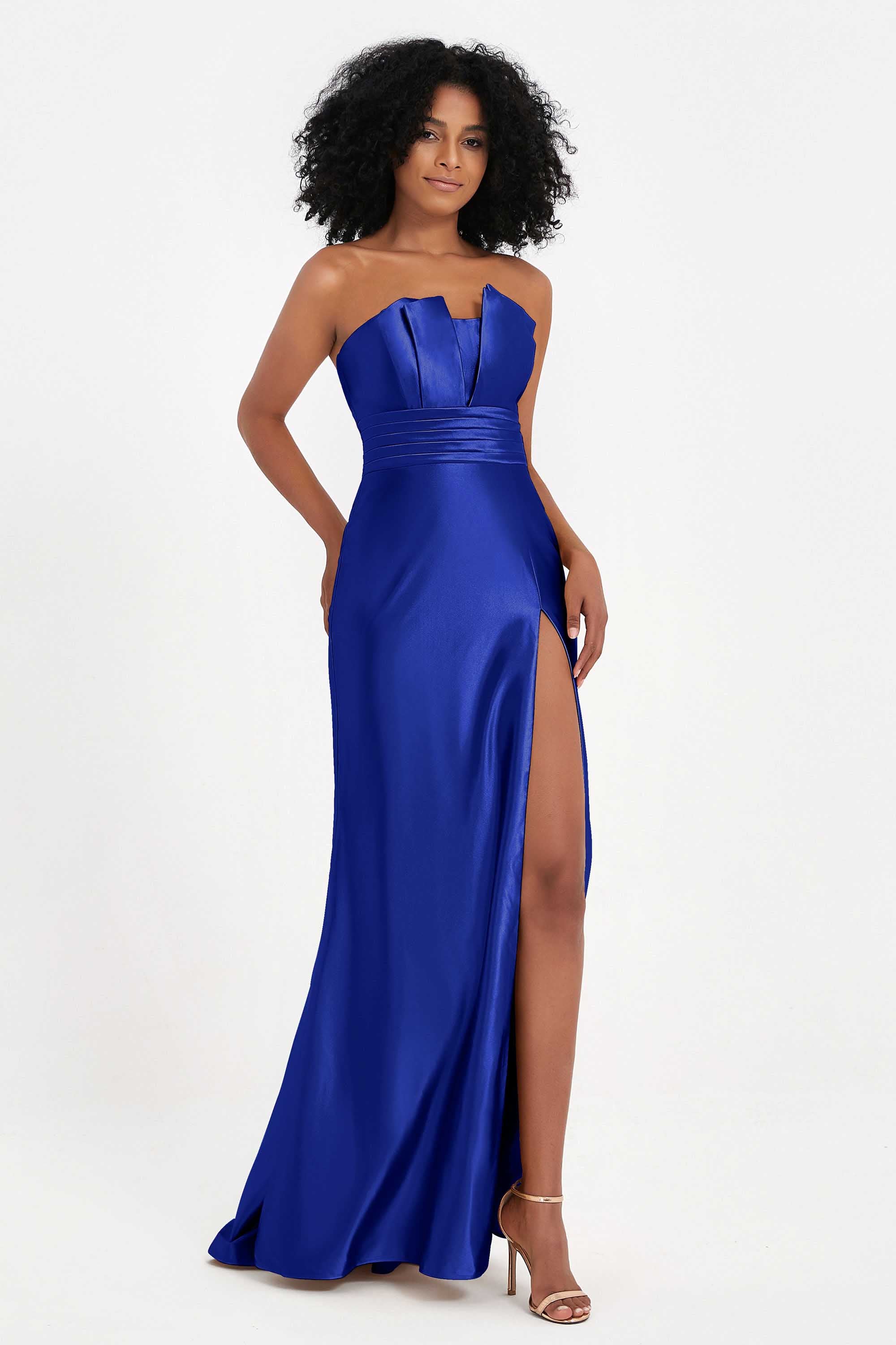 Straight Across Stretch Satin Sheath Formal Evening Dresses with Slit Long Prom Party Dress