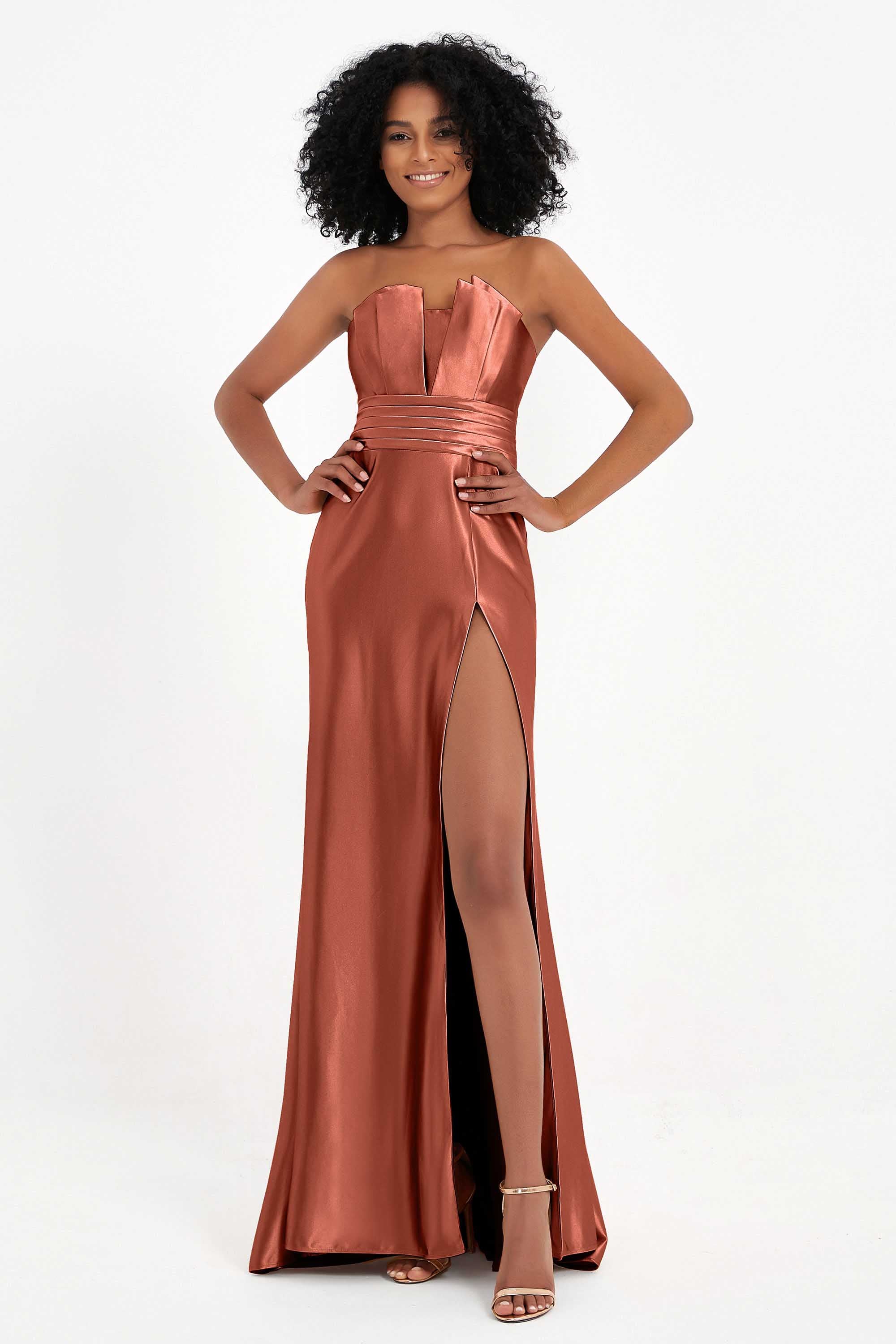 Straight Across Stretch Satin Sheath Formal Evening Dresses with Slit Long Prom Party Dress