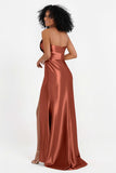 Straight Across Stretch Satin Sheath Formal Evening Dresses with Slit Long Prom Party Dress