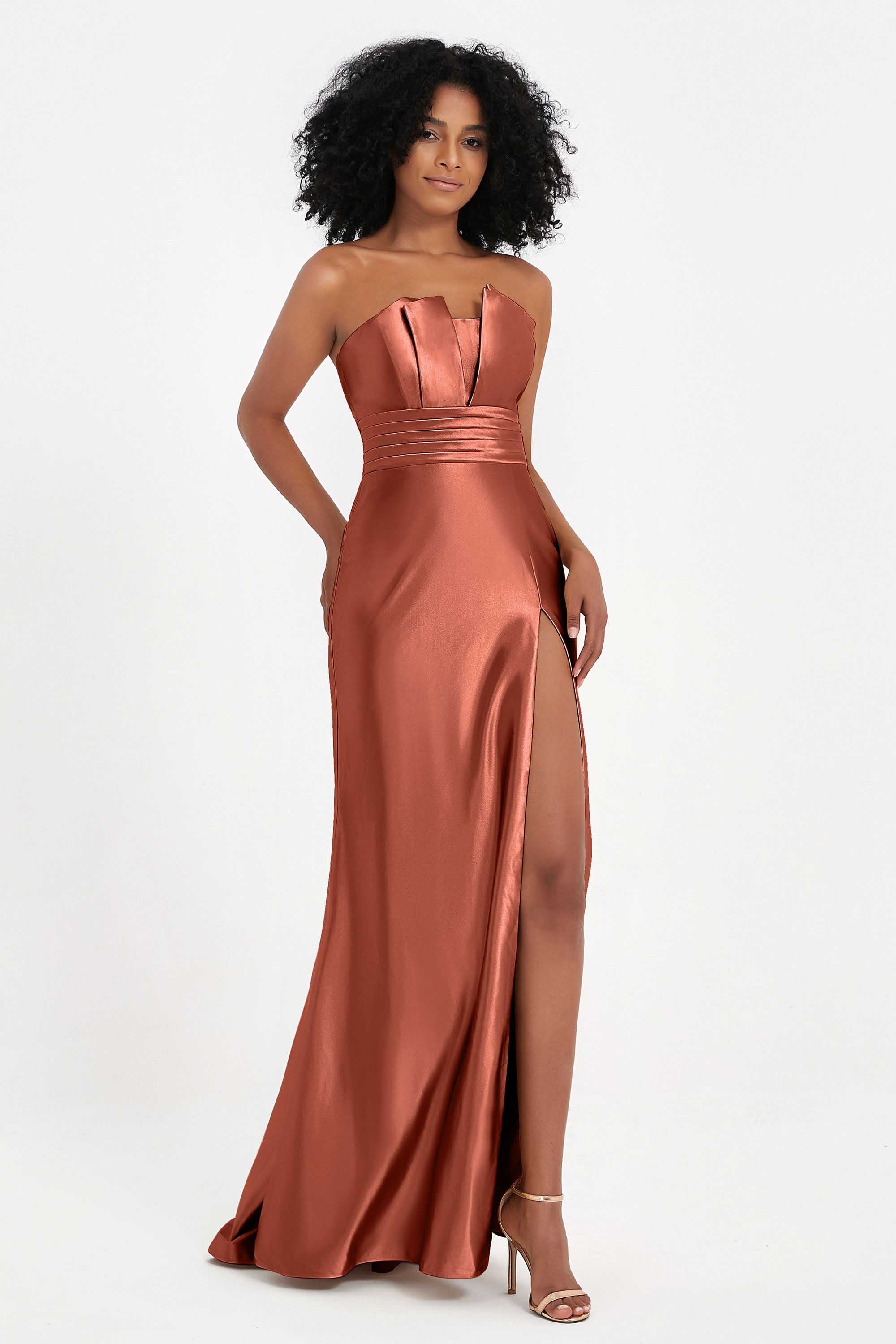 Straight Across Stretch Satin Sheath Formal Evening Dresses with Slit Long Prom Party Dress