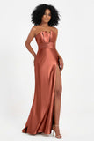 Straight Across Stretch Satin Sheath Formal Evening Dresses with Slit Long Prom Party Dress
