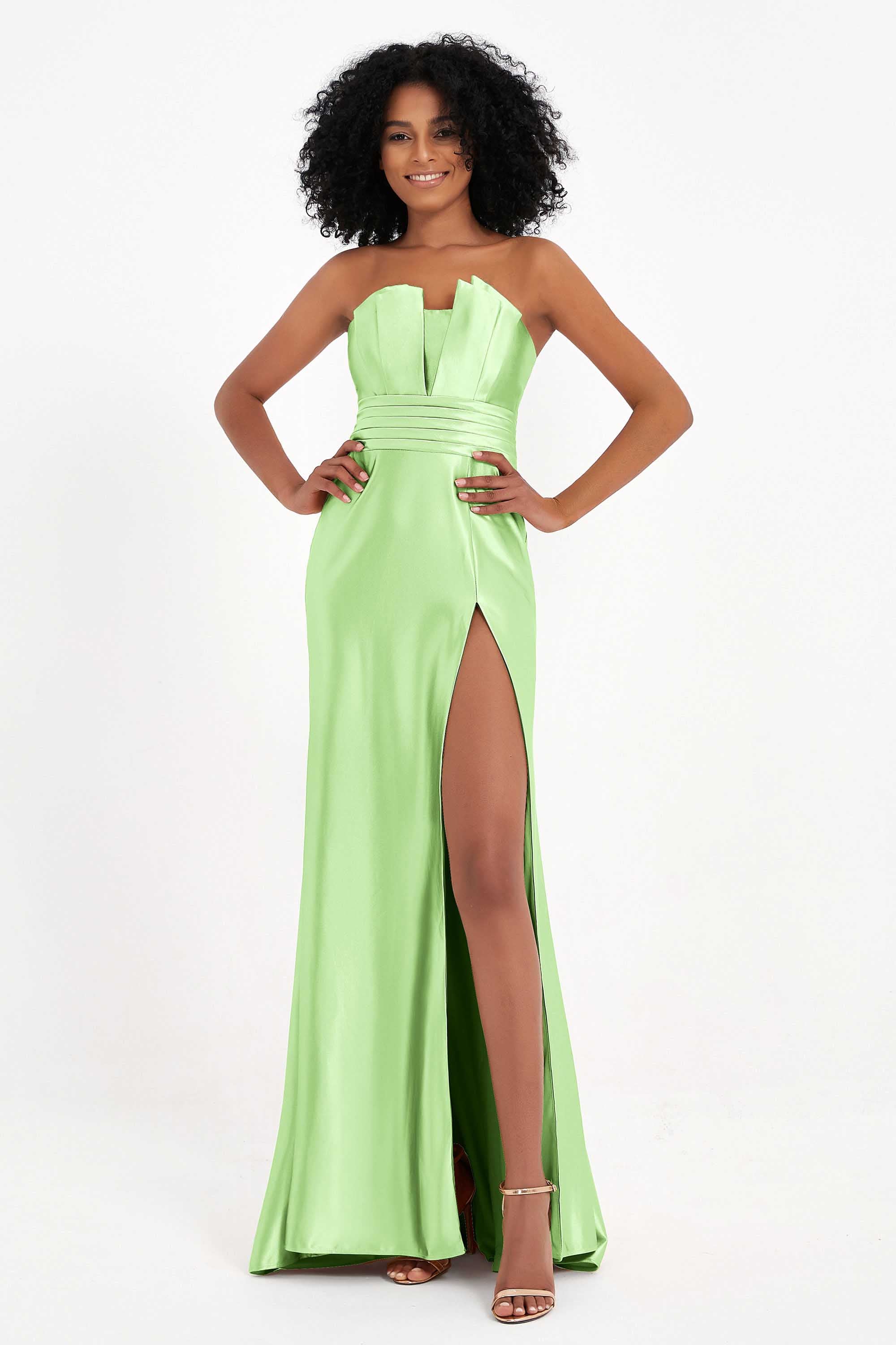 Straight Across Stretch Satin Sheath Formal Evening Dresses with Slit Long Prom Party Dress