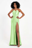 Straight Across Stretch Satin Sheath Formal Evening Dresses with Slit Long Prom Party Dress