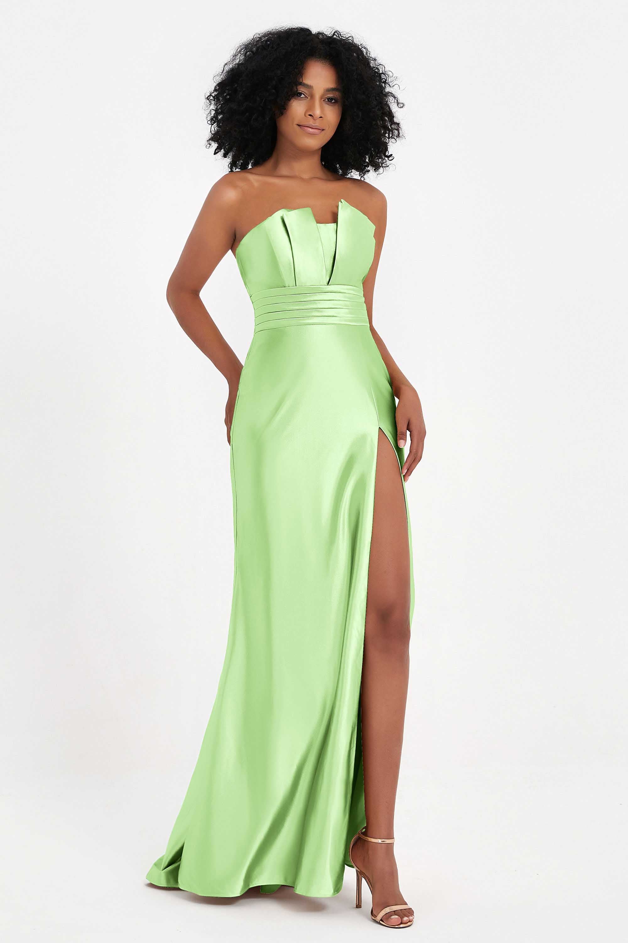 Straight Across Stretch Satin Sheath Formal Evening Dresses with Slit Long Prom Party Dress