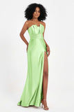 Straight Across Stretch Satin Sheath Formal Evening Dresses with Slit Long Prom Party Dress