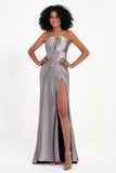 Straight Across Stretch Satin Sheath Formal Evening Dresses with Slit Long Prom Party Dress