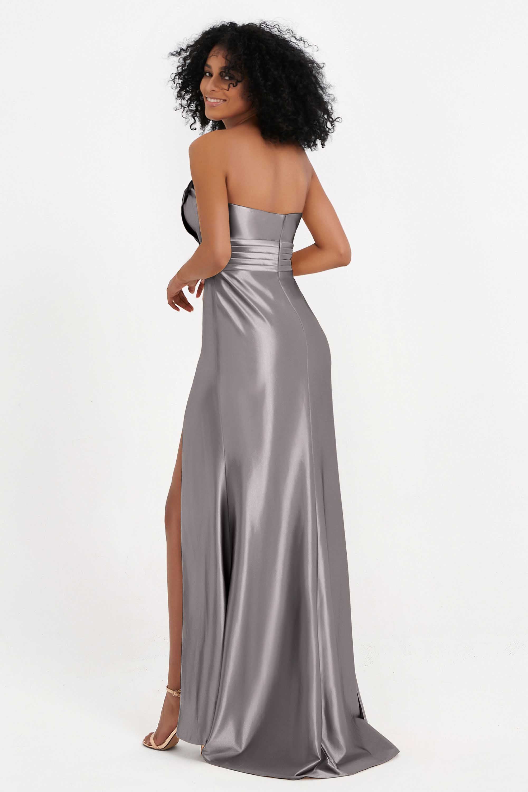 Straight Across Stretch Satin Sheath Formal Evening Dresses with Slit Long Prom Party Dress