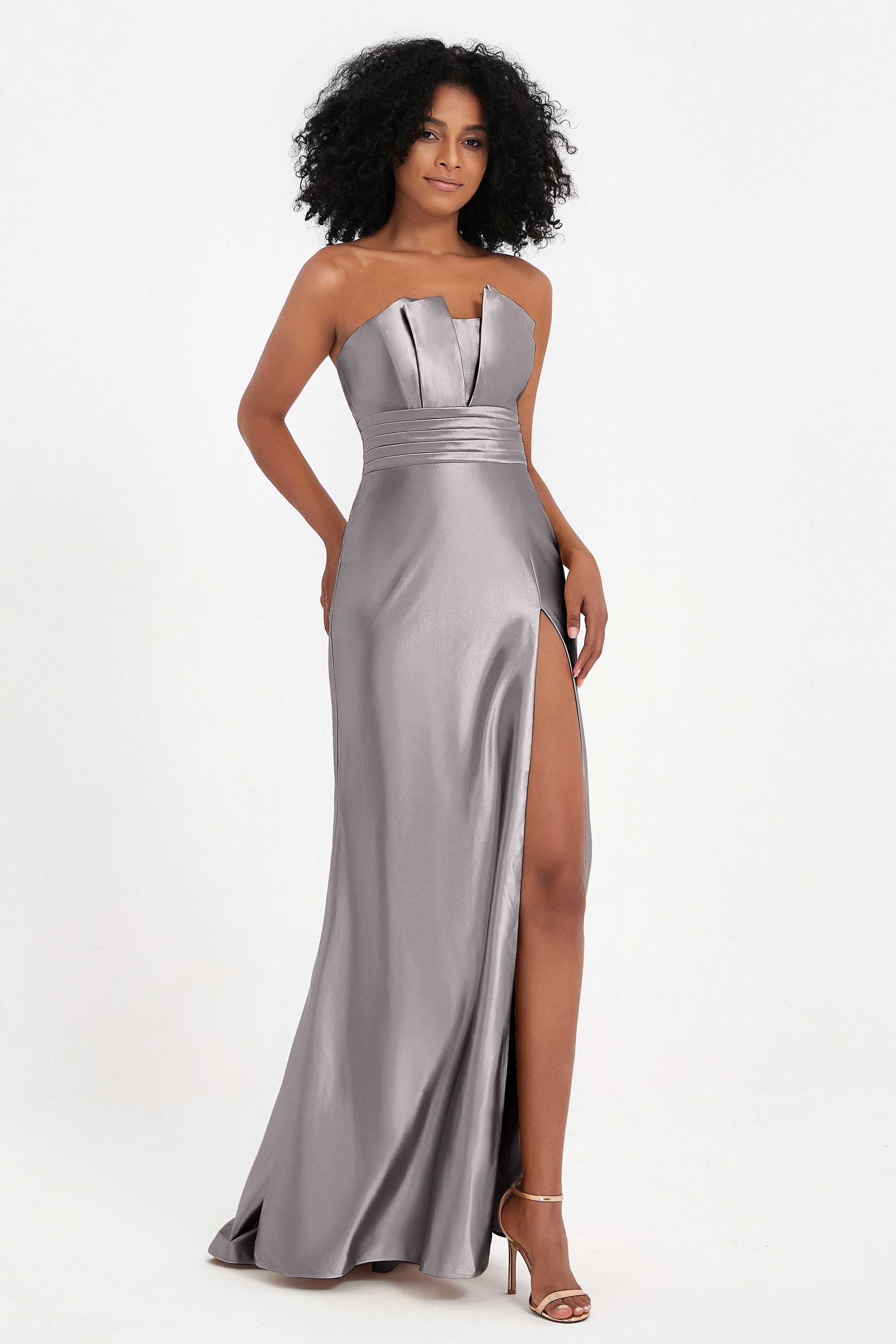 Straight Across Stretch Satin Sheath Formal Evening Dresses with Slit Long Prom Party Dress