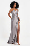 Straight Across Stretch Satin Sheath Formal Evening Dresses with Slit Long Prom Party Dress