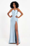 Straight Across Stretch Satin Sheath Formal Evening Dresses with Slit Long Prom Party Dress