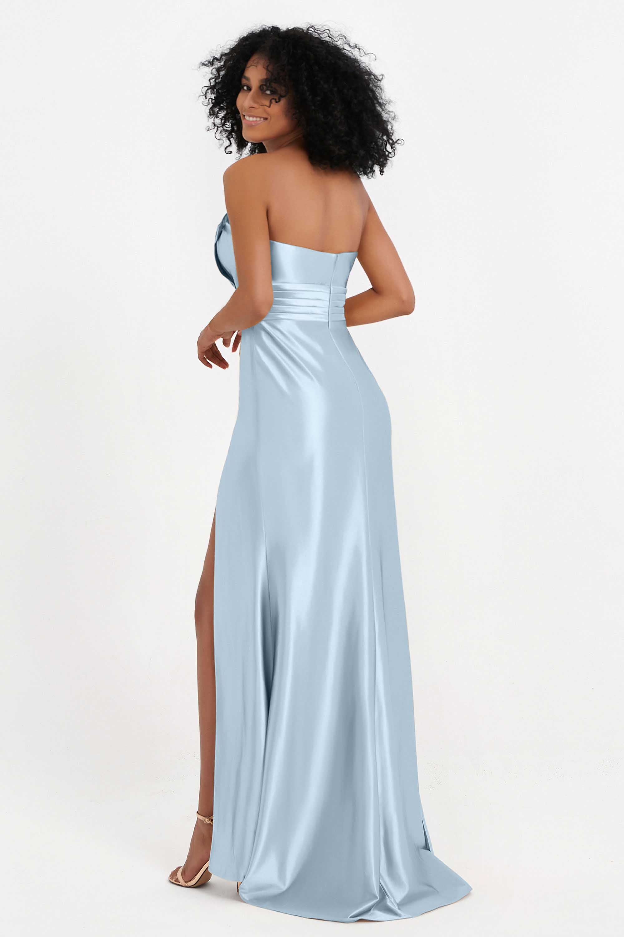 Straight Across Stretch Satin Sheath Formal Evening Dresses with Slit Long Prom Party Dress