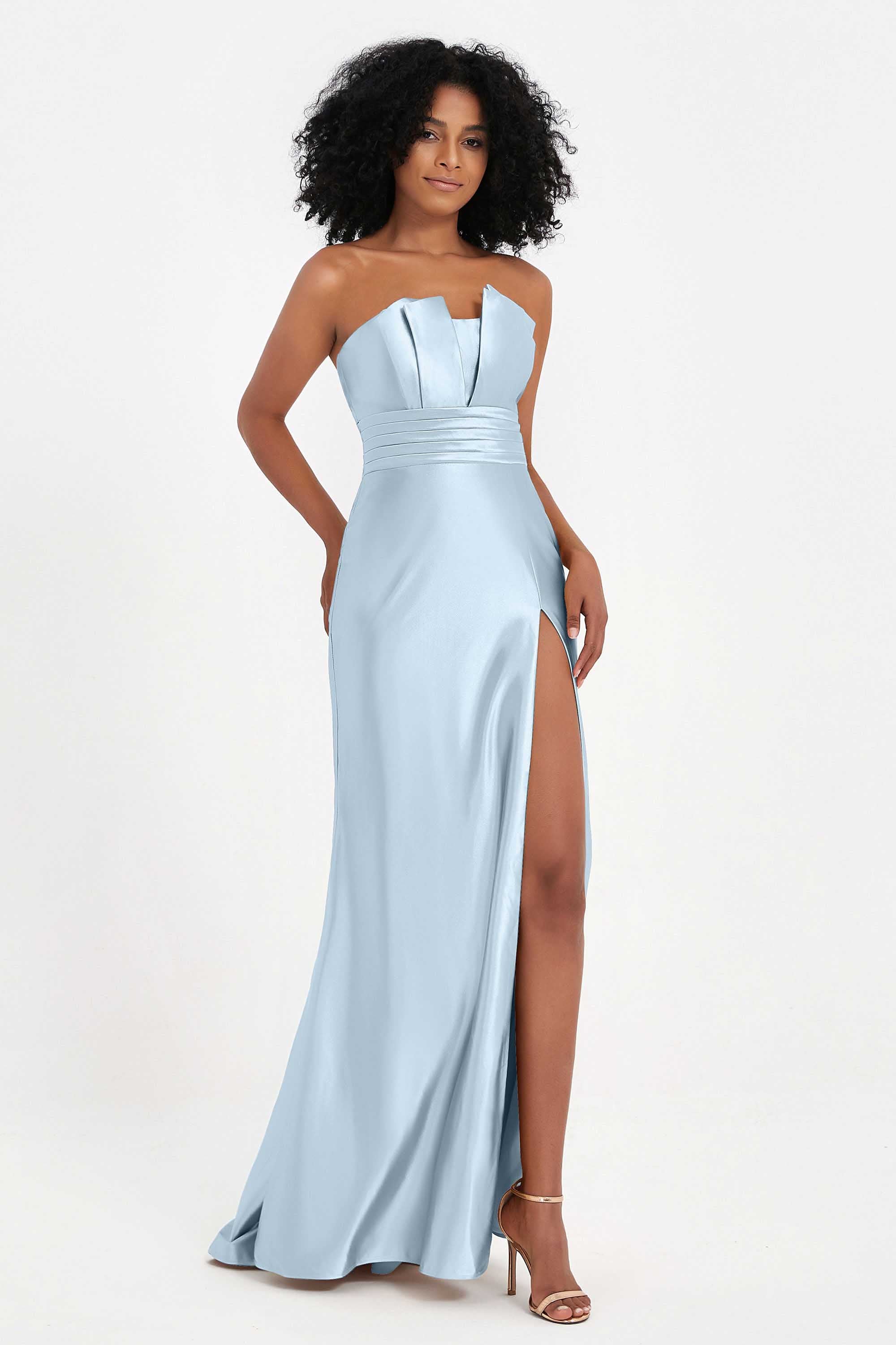 Straight Across Stretch Satin Sheath Formal Evening Dresses with Slit Long Prom Party Dress
