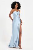 Straight Across Stretch Satin Sheath Formal Evening Dresses with Slit Long Prom Party Dress