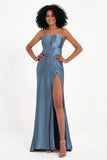 Straight Across Stretch Satin Sheath Formal Evening Dresses with Slit Long Prom Party Dress