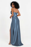 Straight Across Stretch Satin Sheath Formal Evening Dresses with Slit Long Prom Party Dress
