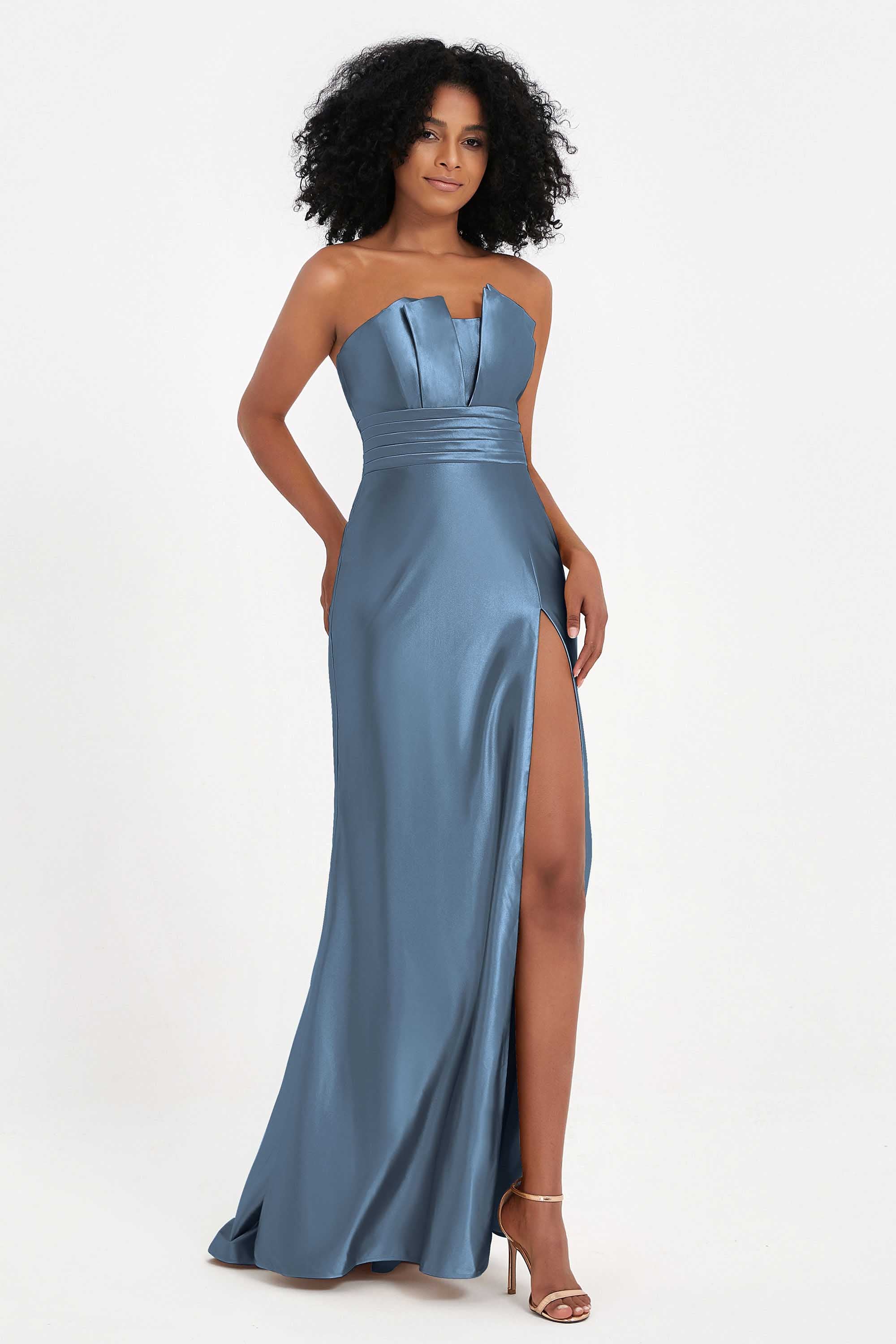 Straight Across Stretch Satin Sheath Formal Evening Dresses with Slit Long Prom Party Dress