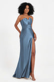 Straight Across Stretch Satin Sheath Formal Evening Dresses with Slit Long Prom Party Dress