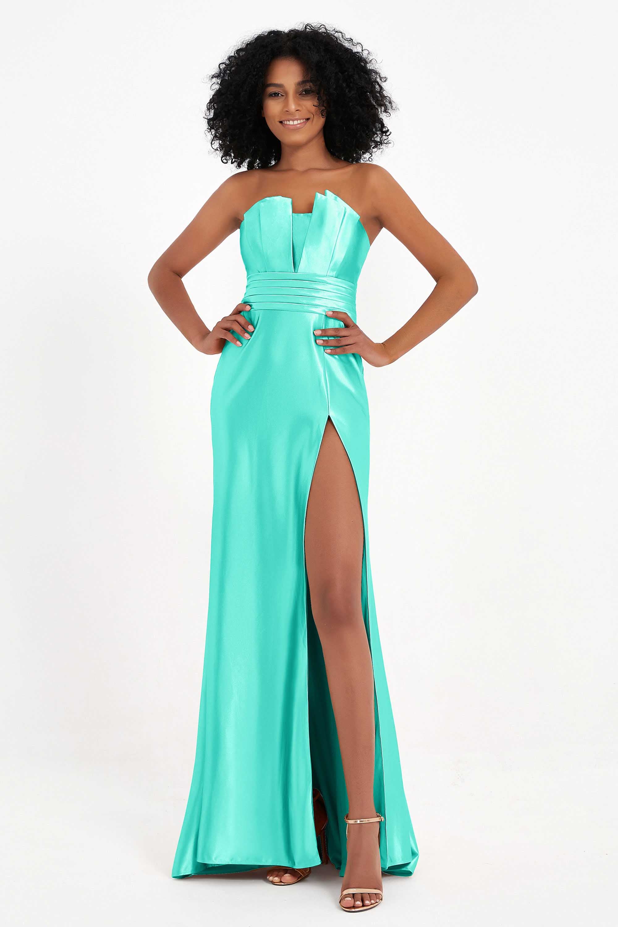 Straight Across Stretch Satin Sheath Formal Evening Dresses with Slit Long Prom Party Dress
