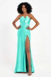 Straight Across Stretch Satin Sheath Formal Evening Dresses with Slit Long Prom Party Dress
