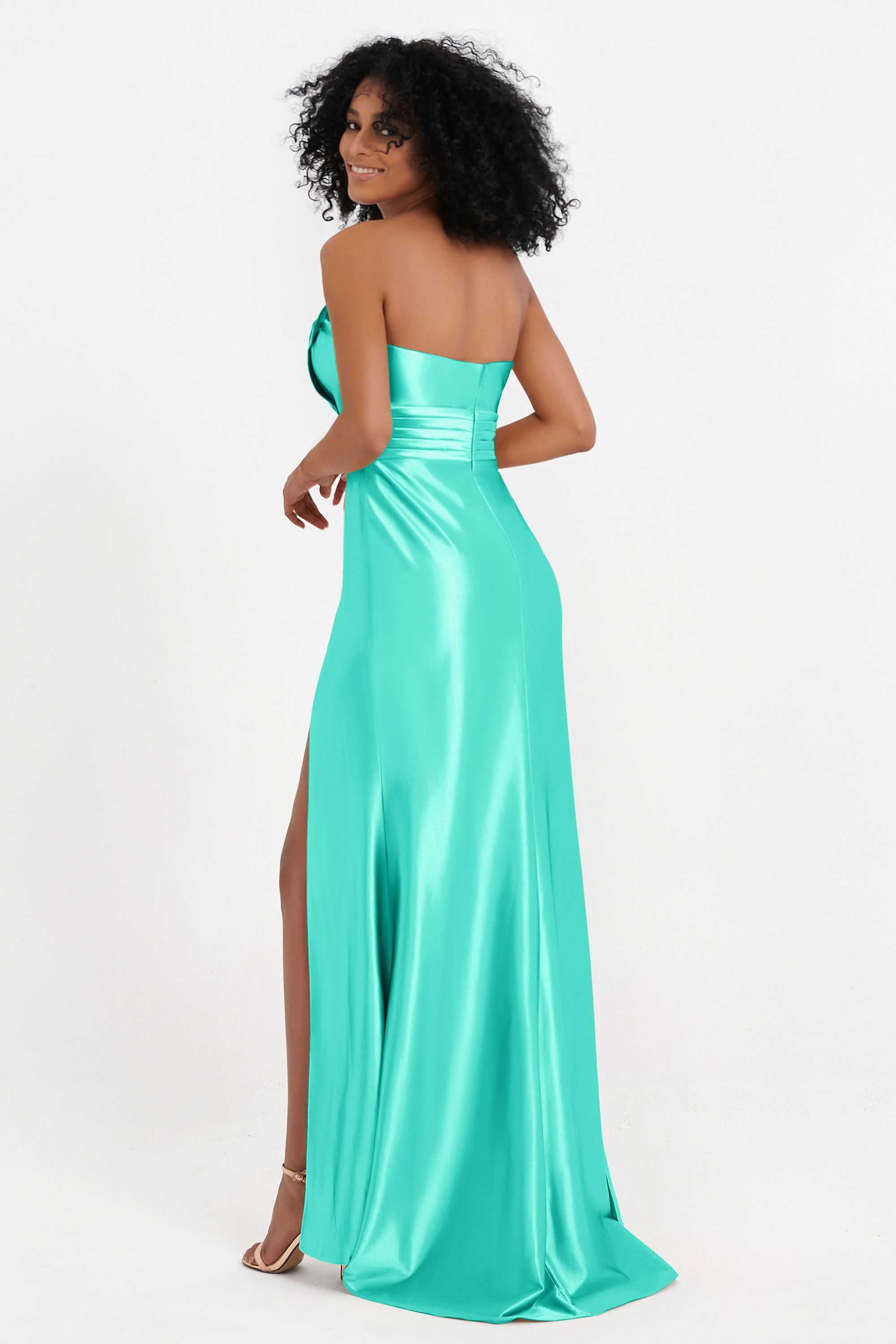 Straight Across Stretch Satin Sheath Formal Evening Dresses with Slit Long Prom Party Dress