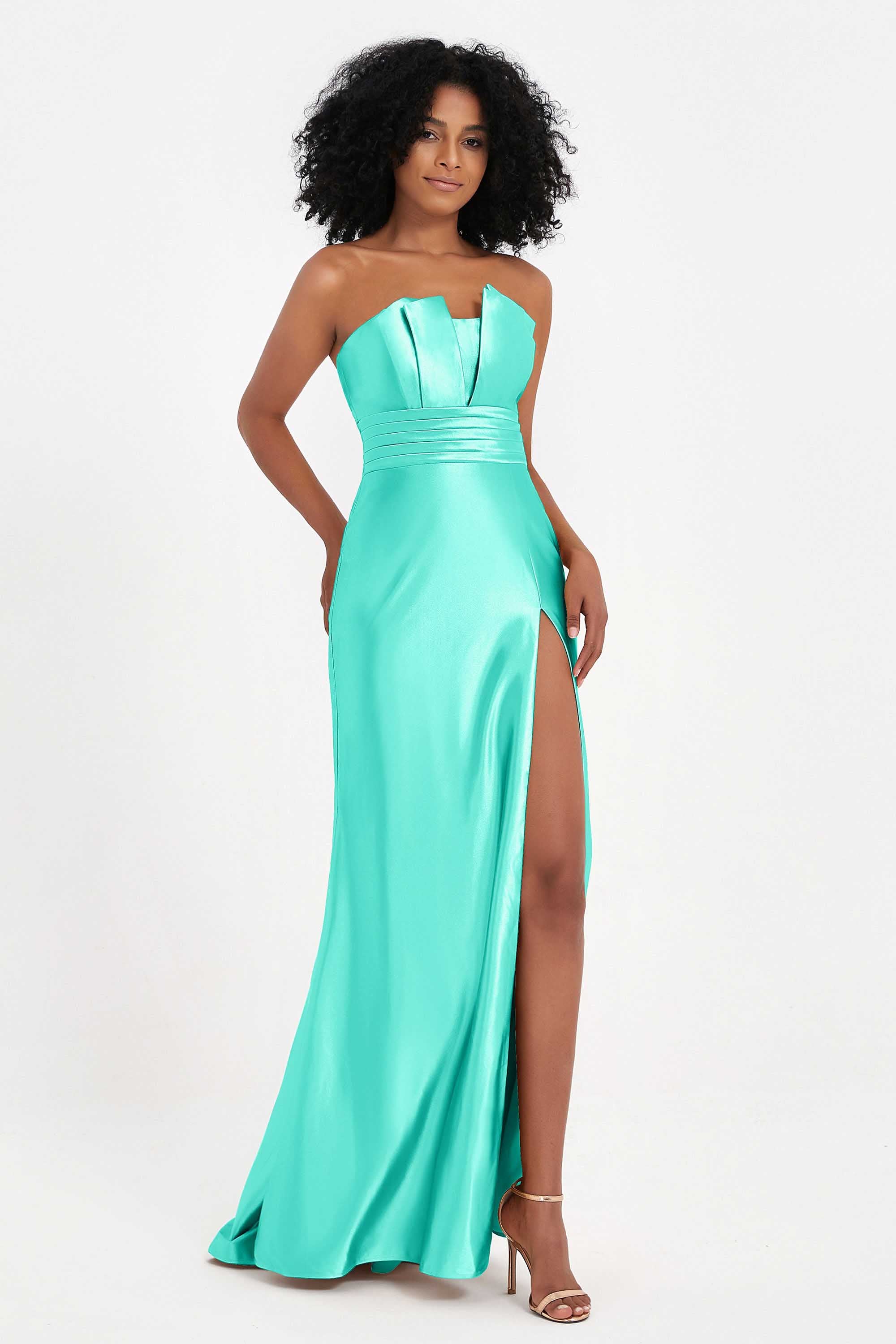 Straight Across Stretch Satin Sheath Formal Evening Dresses with Slit Long Prom Party Dress