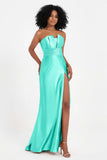 Straight Across Stretch Satin Sheath Formal Evening Dresses with Slit Long Prom Party Dress