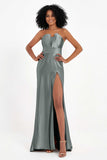 Straight Across Stretch Satin Sheath Formal Evening Dresses with Slit Long Prom Party Dress