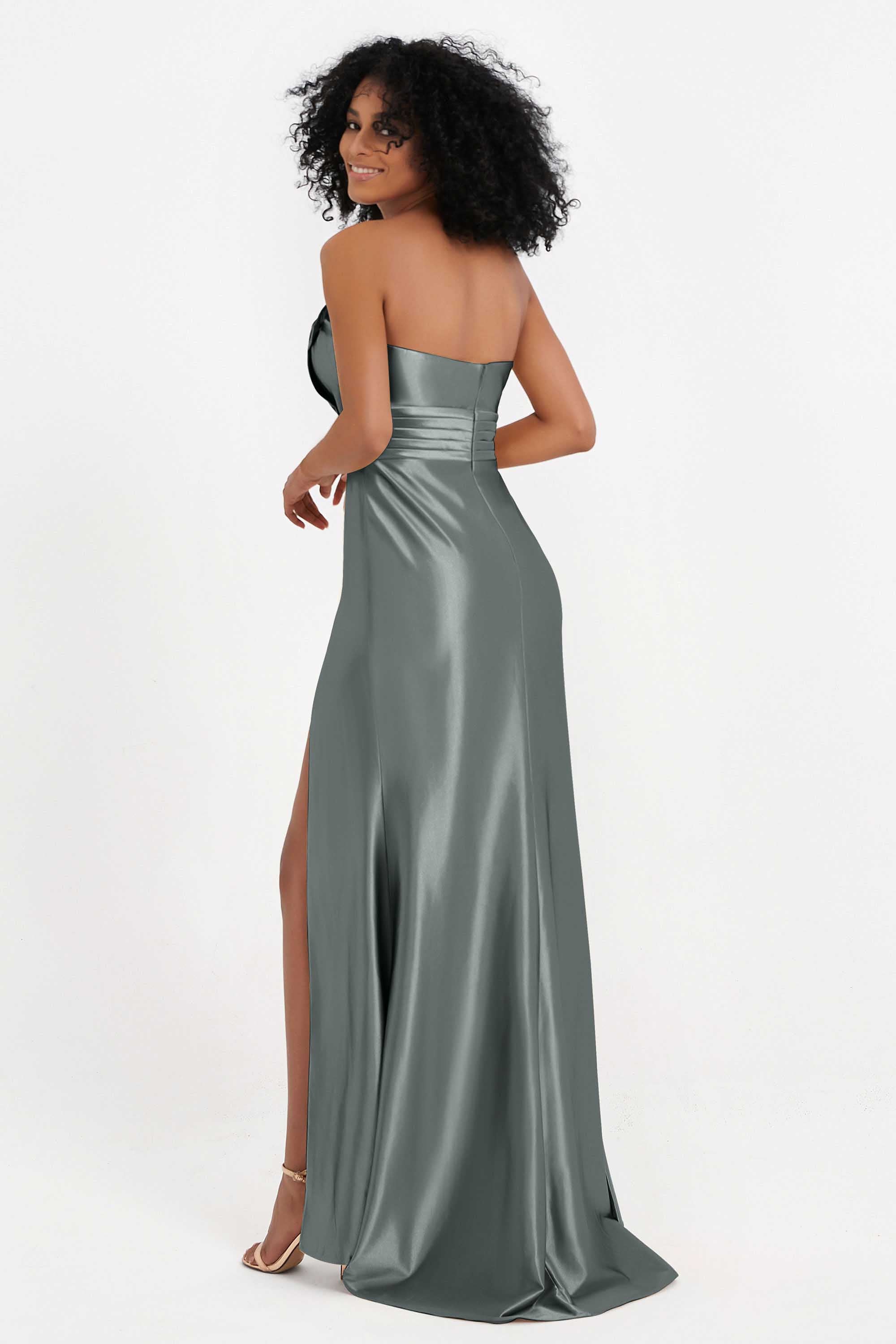 Straight Across Stretch Satin Sheath Formal Evening Dresses with Slit Long Prom Party Dress