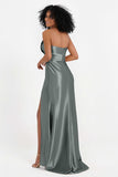 Straight Across Stretch Satin Sheath Formal Evening Dresses with Slit Long Prom Party Dress