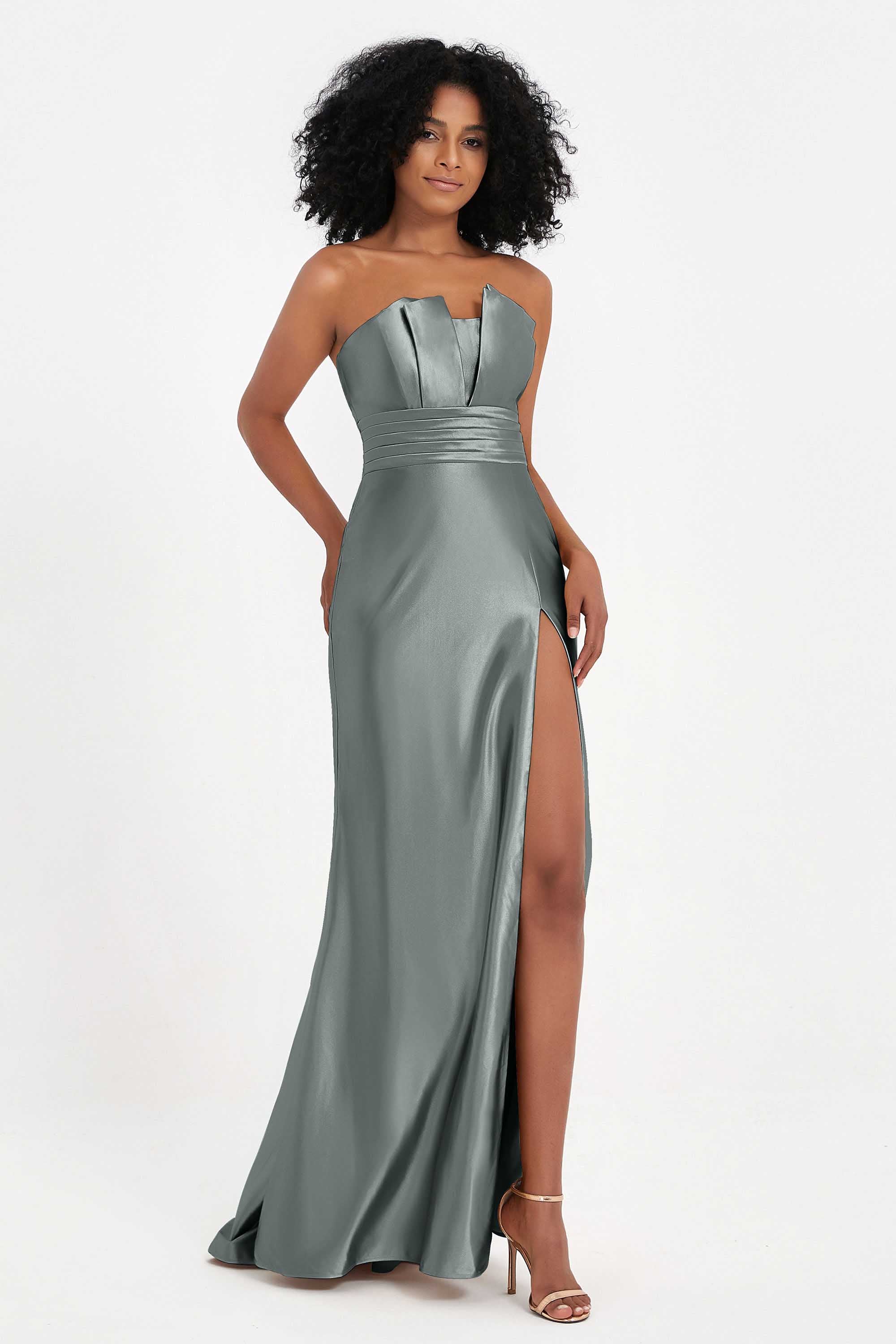 Straight Across Stretch Satin Sheath Formal Evening Dresses with Slit Long Prom Party Dress
