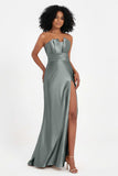 Straight Across Stretch Satin Sheath Formal Evening Dresses with Slit Long Prom Party Dress