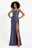 Straight Across Stretch Satin Sheath Formal Evening Dresses with Slit Long Prom Party Dress