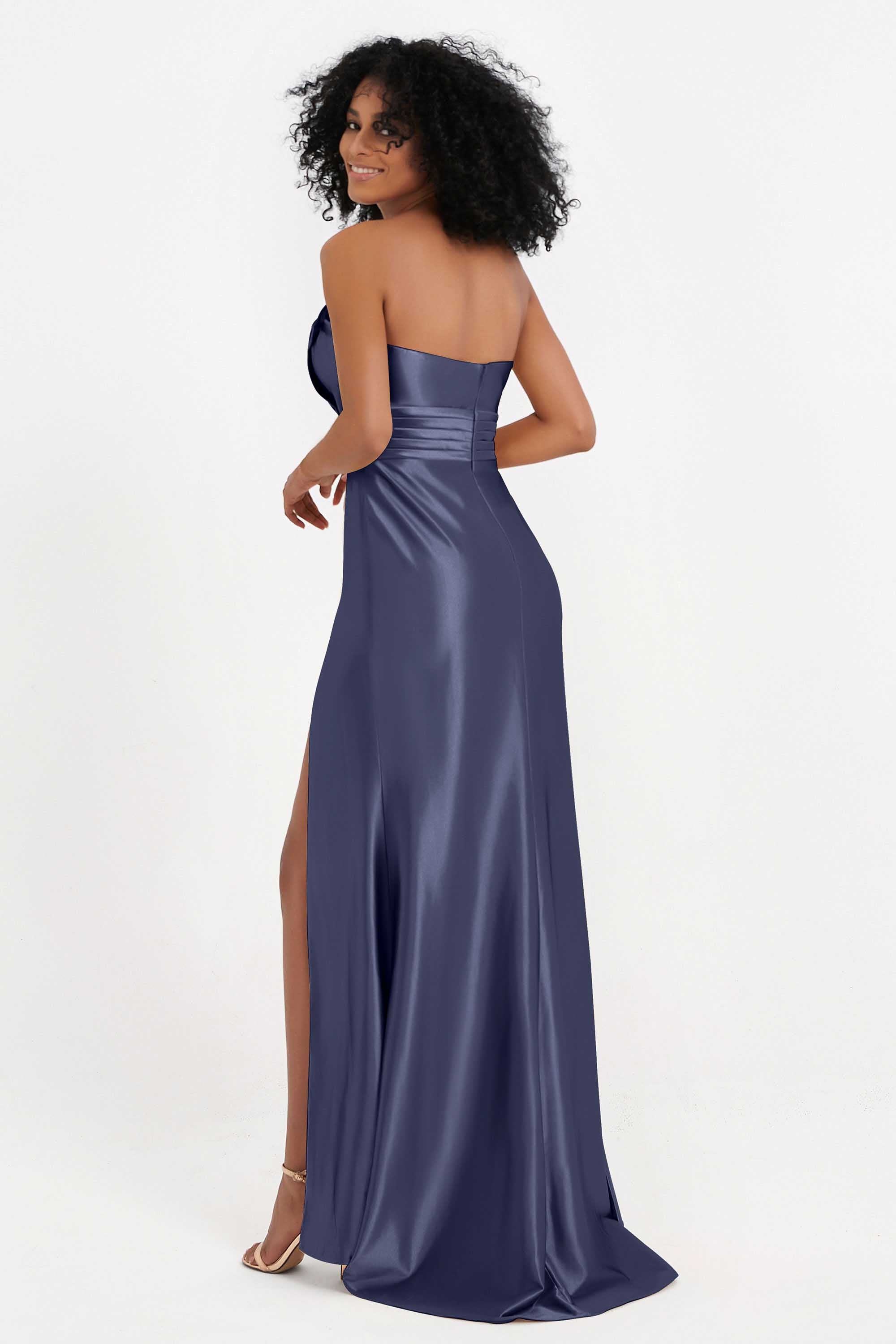 Straight Across Stretch Satin Sheath Formal Evening Dresses with Slit Long Prom Party Dress