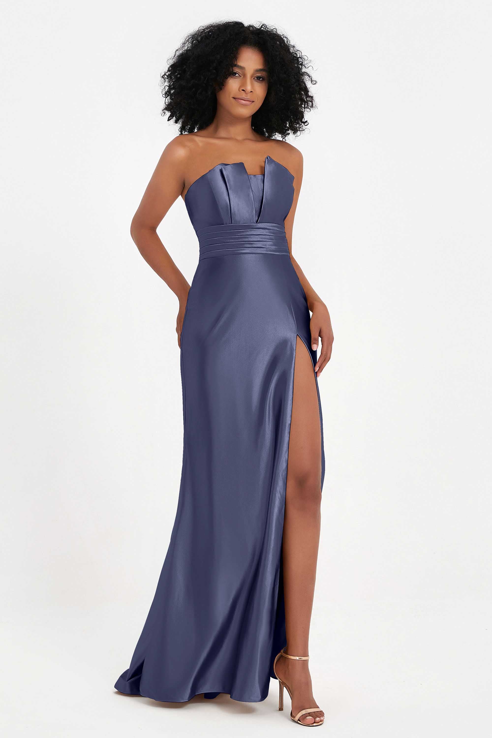 Straight Across Stretch Satin Sheath Formal Evening Dresses with Slit Long Prom Party Dress