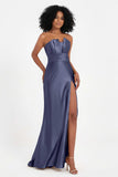 Straight Across Stretch Satin Sheath Formal Evening Dresses with Slit Long Prom Party Dress